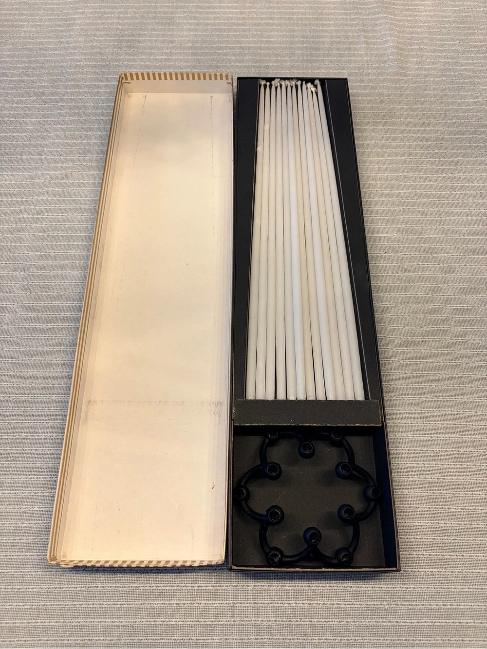 Vintage Dansk White Taper Candles with Black Beaded Metal Holder